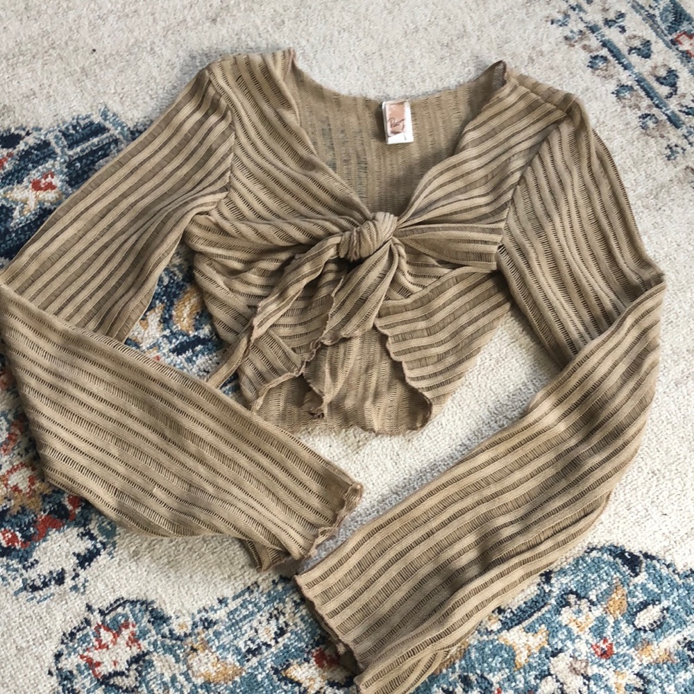 Poetry clothing transparent beige tie front cropped long sleeve